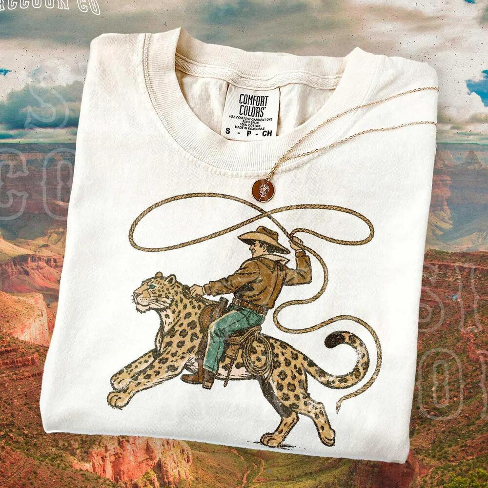 Western Graphic Tee Cowboy Riding Leopard Shirt